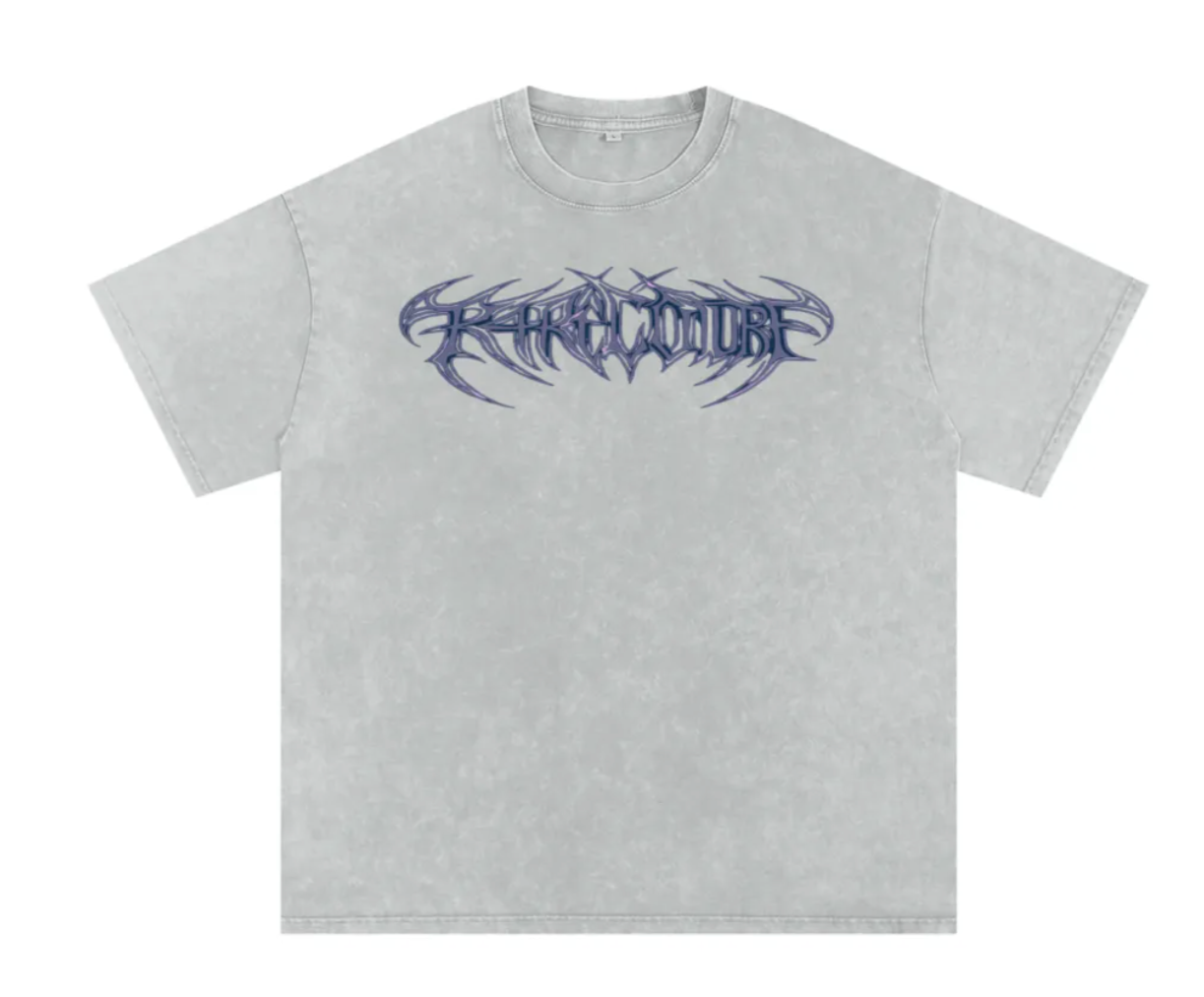 Acid wash Gray t-shirt with blue and purple graphic R4RE COUTURE Front