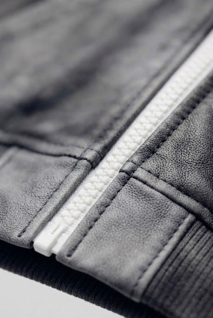 R4RE AEON waxed zip up — lower front panel detail showing wax-wash texture variation and suede brushed finish