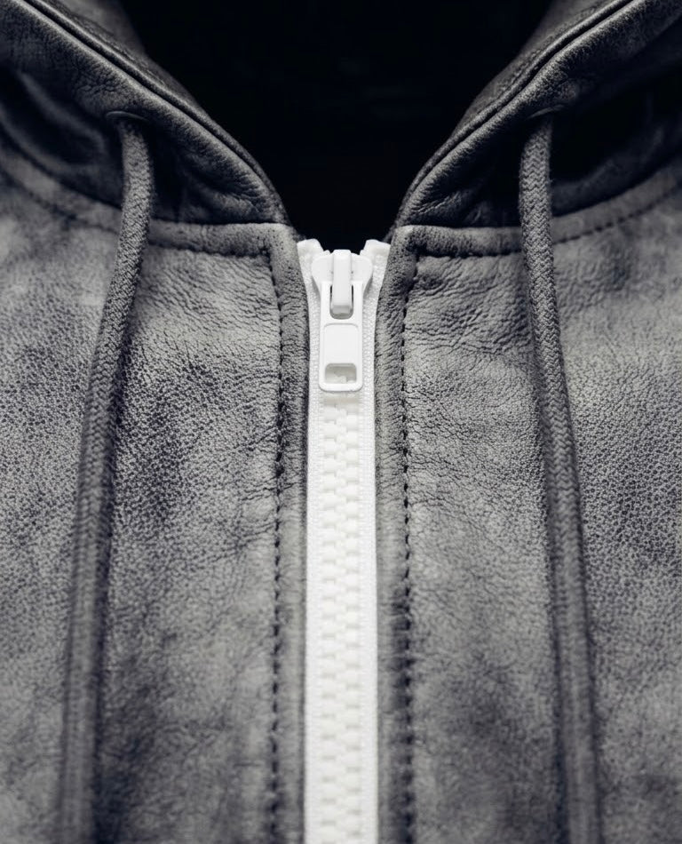 R4RE AEON waxed zip up — contrast white zipper detail against hand-waxed charcoal fabric, close-up of zip pull and teeth