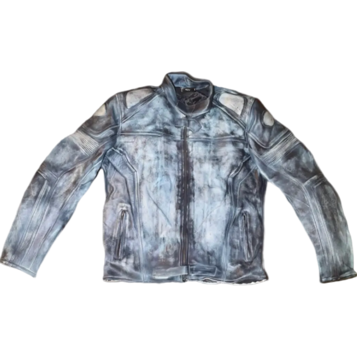R4RE CHROMITE jacket — full front view, heavyweight cowhide leather with chemically distressed chrome surface, gunmetal and slate tonal shift, moto armor paneling at shoulders and elbows, dual chest zip pockets, center front zip with storm flap