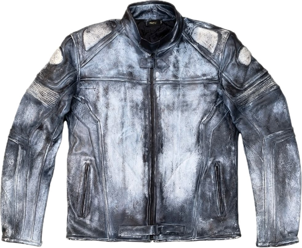 R4RE CHROMITE moto racer jacket — full front view, cowhide chrome acid-wash distressed leather