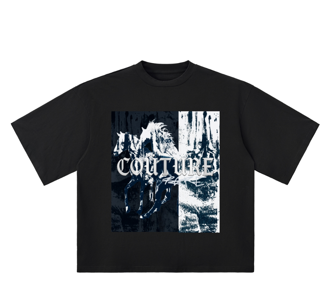RUNAWAY Oversized Tee -  features a large format split-panel graphic across the chest, a dark horse in motion set against a two-tone ink wash background. 
