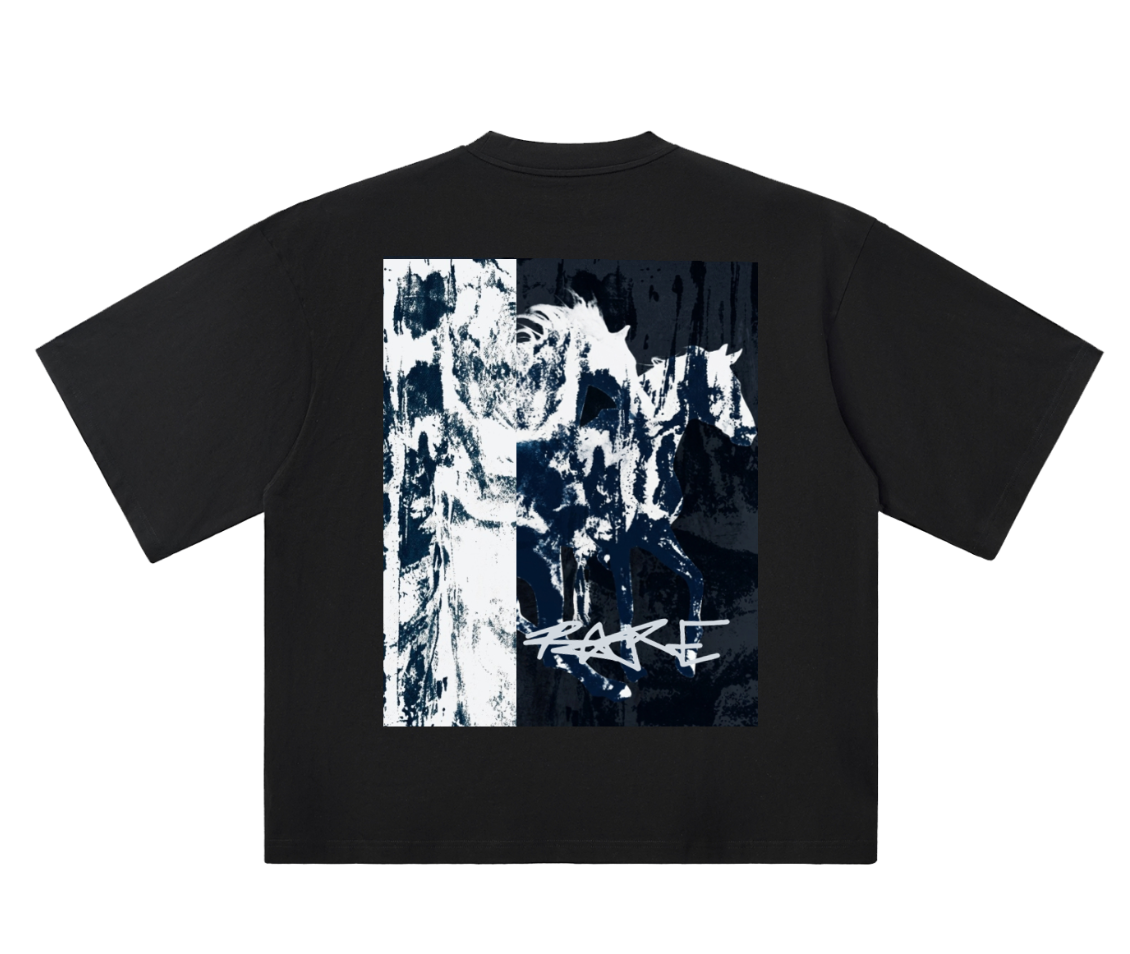 RUNAWAY Oversized Tee - features a large format split-panel graphic across the chest a dark horse in motion set against a two-tone ink wash background. 