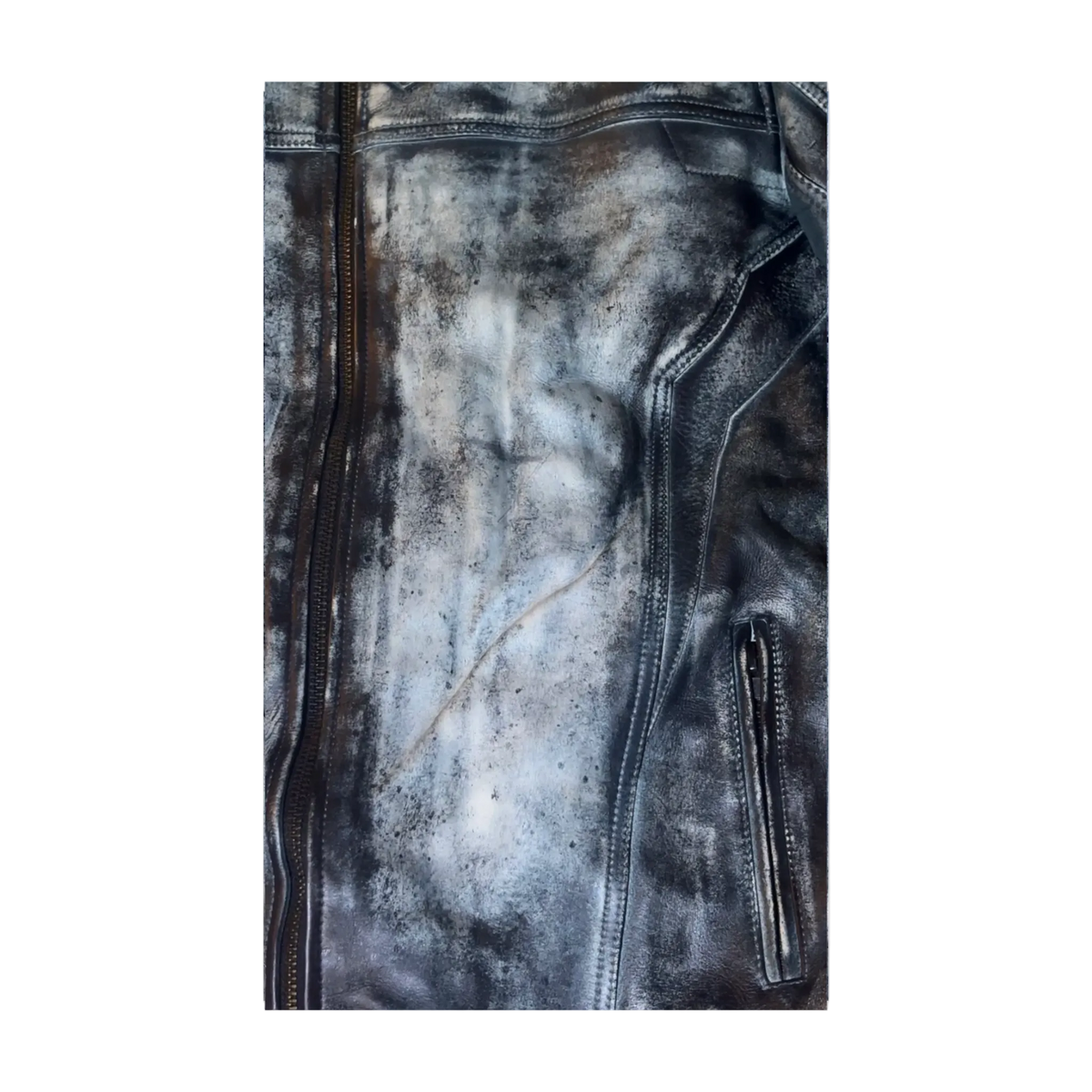 R4RE "CHROMITE" JACKET— close-up texture detail of dual pcokets and artisanal chrome acid wash finish on cowhide leather