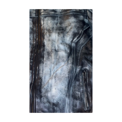 R4RE "CHROMITE" JACKET— close-up texture detail of dual pcokets and artisanal chrome acid wash finish on cowhide leather