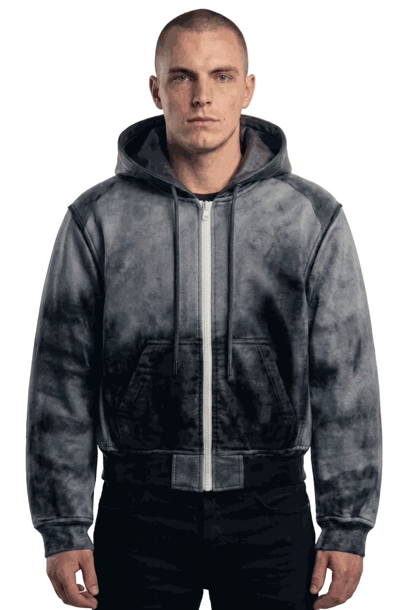 R4RE AEON Waxed Zip Up hoodie with maroon leather hood and white zipper, cotton-nylon blend, hand-applied wax-wash and suede finish