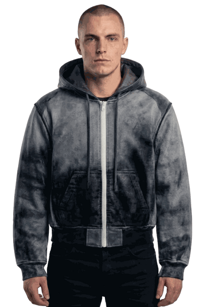R4RE AEON Waxed Zip Up hoodie with maroon leather hood and white zipper, cotton-nylon blend, hand-applied wax-wash and suede finish