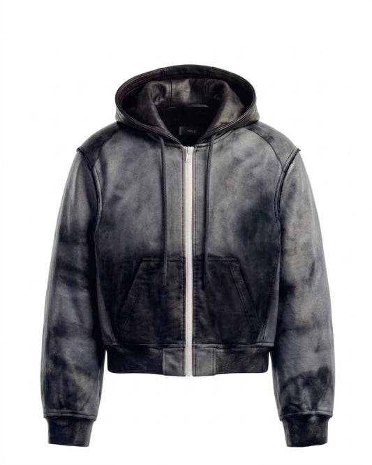 R4RE AEON Waxed Zip Up hoodie with maroon leather hood and white zip, cotton-nylon blend, handmade wax-wash finish
