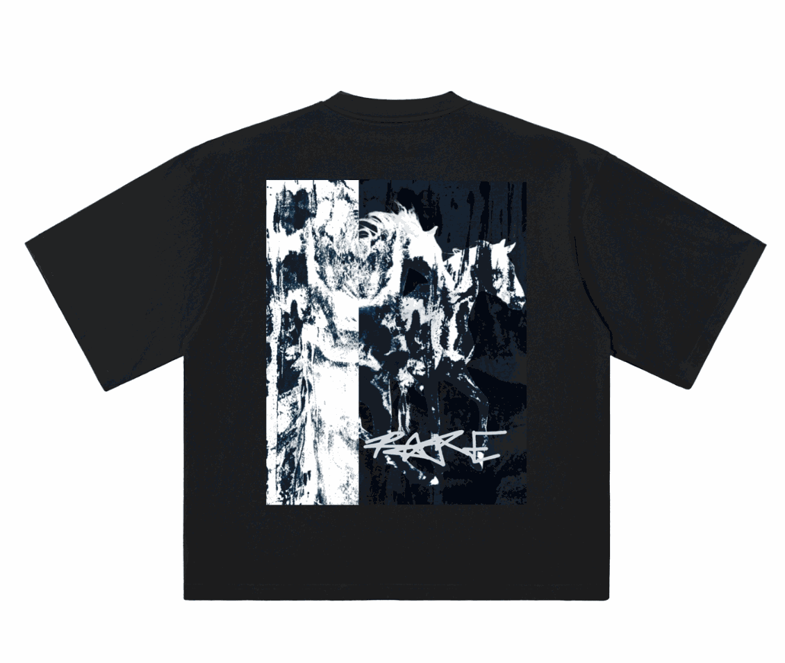 R4RE RUNAWAY Oversized Tee - features a large format split-panel graphic across the chest a dark horse in motion set against a two-tone ink wash background. 