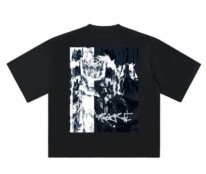R4RE RUNAWAY Oversized Tee - features a large format split-panel graphic across the chest a dark horse in motion set against a two-tone ink wash background. 
