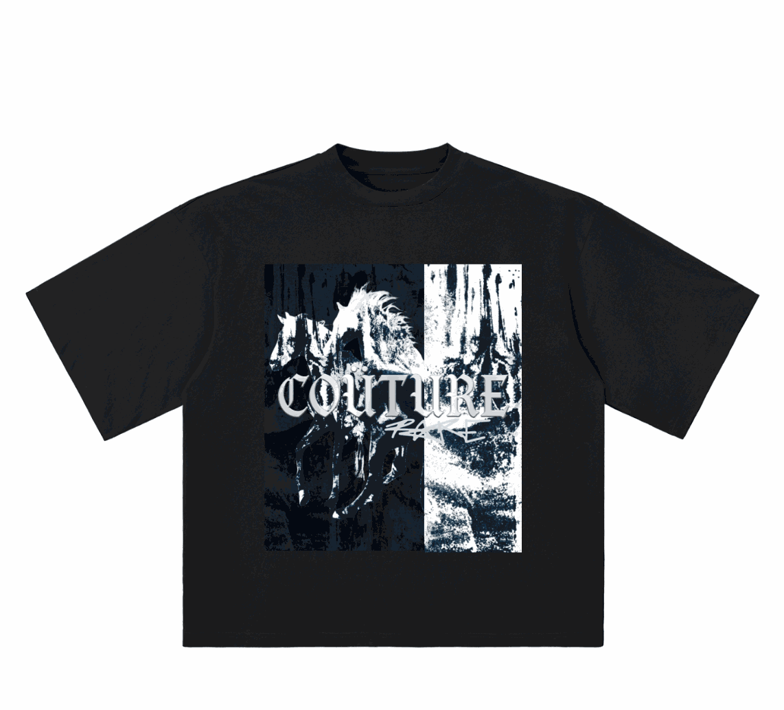R4RE "RUNAWAY" oversized tee with split-panel horse graphic and abstract back print in heavyweight cotton