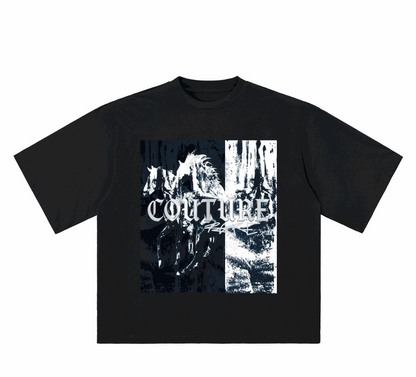R4RE "RUNAWAY" oversized tee with split-panel horse graphic and abstract back print in heavyweight cotton
