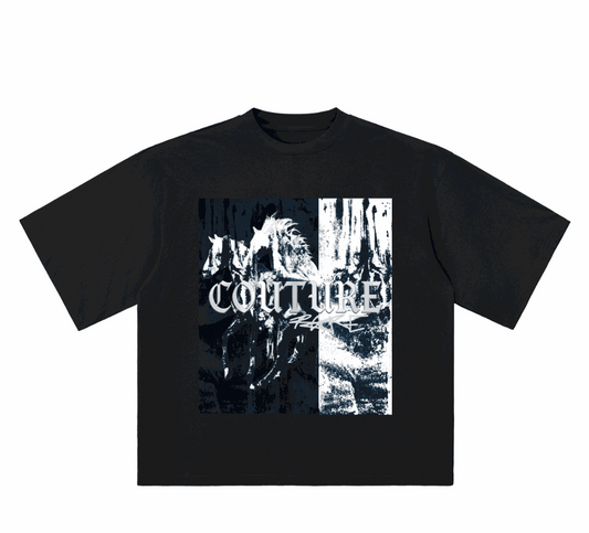 R4RE "RUNAWAY" oversized tee with split-panel horse graphic and abstract back print in heavyweight cotton