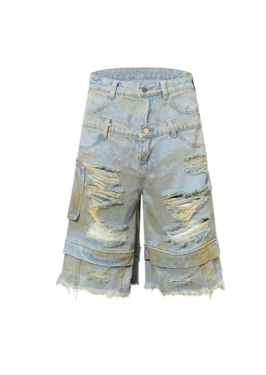 R4RE WRAITHCUT double layer distressed shorts with extreme rips and weathered finish